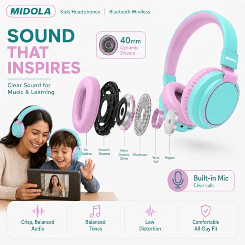 MIDOLA Kids Bluetooth Headphones 68H Play Time,Volume Limit 85/94dB, Foldable Lightweight Wireless Over-Ear Headphone for Toddler Kid Child Pad,Headsets with Aux Built-in Mic Cyan - color: Cyan