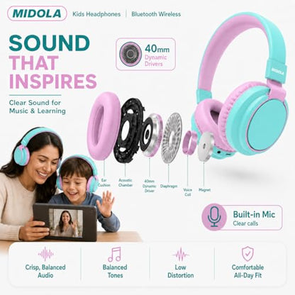 MIDOLA Kids Bluetooth Headphones 68H Play Time,Volume Limit 85/94dB, Foldable Lightweight Wireless Over-Ear Headphone for Toddler Kid Child Pad,Headsets with Aux Built-in Mic Cyan - color: Cyan