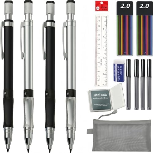 2.0mm Mechanical Pencil Set with Case: 4 packs Pencil include 2 Cases of 2.0mm Color Lead Refills HB Lead, Kneaded Standard Erasers, Ruler for Drawing Sketching School(4pc 2.0mm)