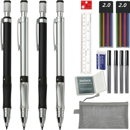 2.0mm Mechanical Pencil Set with Case: 4 packs Pencil include 2 Cases of 2.0mm Color Lead Refills HB Lead, Kneaded Standard Erasers, Ruler for Drawing Sketching School(4pc 2.0mm)
