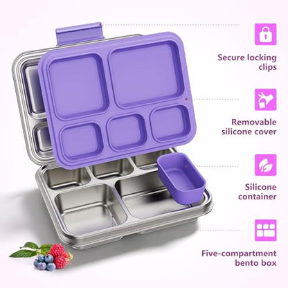 Pawtong Stainless Steel Lunch Box, 5-Compartment Bento Lunch Box for Kids & Adults,Metal Lunch Box with Removable Silicone Container, Lunch Box Containers for School,Office(Purple) - color: Purple