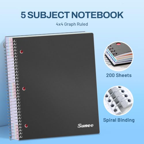 SUNEE 5 Subject Graph Paper Notebook - 400 Pages, 9"x11", 4x4 Graph Ruled Notebook, 5 Pocket Colored Dividers, 3-Hole Punched Paper, Black - color: Black, style: Graph Ruled
