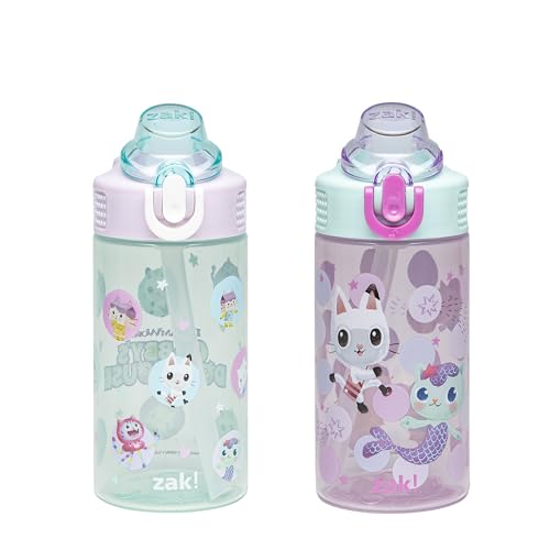 Zak Designs DreamWorks Gabby's Dollhouse Sage Kids Water Bottle For School or Travel, 16oz Durable Plastic Water Bottle With Straw and Leak-Proof, Pop-Up Spout Cover, 2-Pack Set (The Gabby Cats) - color: Gabby's Dollhouse (The Gabby Cats)