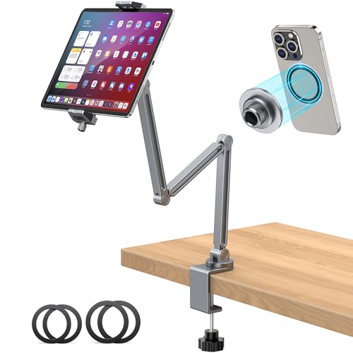 AboveTEK 2-in-1 iPad Stand for Desk, Aluminum iPad Holder Arm with Clamp & Magnetic Ring Head, 360° Adjustable Tablet Stand Holder, Bed Clamp Mount for 4.7"-13" iPads Air/Pro/Mini, Galaxy Tab & Phones