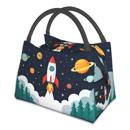 Cartoon Rocket Reusable Lunch Bag,Space Planets Insulated Small Lunch Box for Kids Adult Women,Leakproof Cooler Tote Bags for Student Teacher Work Camping Picnic School - color: Cartoon Rocket