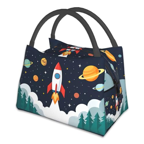 Cartoon Rocket Reusable Lunch Bag,Space Planets Insulated Small Lunch Box for Kids Adult Women,Leakproof Cooler Tote Bags for Student Teacher Work Camping Picnic School - color: Cartoon Rocket