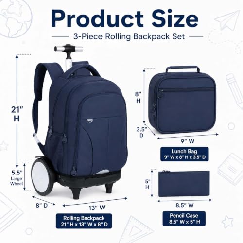 AGSDON Quiet Glide Rolling Backpack with Lunch Box Set - Large Wheel Water-Resistant Wheeled Bag for Business, Travel, and College | Navy Blue 3-in-1 Organizer Backpack - color: Reflective Blue - Rolling Backpack