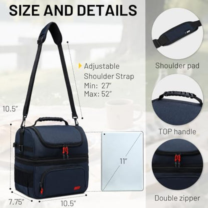 MIER Dual Compartment Lunch Bag Tote with Shoulder Strap for Men and Women Insulated Leakproof Cooler Bag, Dark Blue - color: Navy Blue