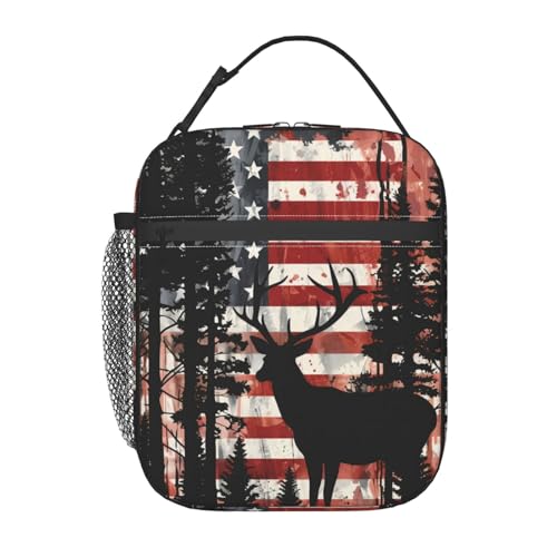 Patriotic Deer Lunch Box for Kids,Majestic Moose Insulated Bag for Student,American Flag Reusable Thermal Insulation Cooler Tote Bags for School Work Picnic Camping Outdoor Gifts - color: Deer