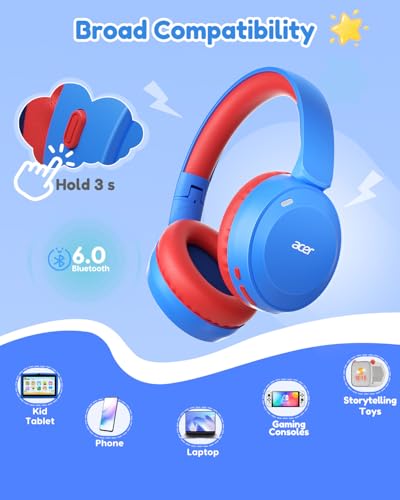 acer Kids Bluetooth Headphones, 85/94dB Volume Limited, 60H Playtime, Bluetooth 6.0, Lightweight Over-Ear Wireless Headphones for Kids, Toddler Headphones with Built-in Mic, Blue Red - color: Blue Red