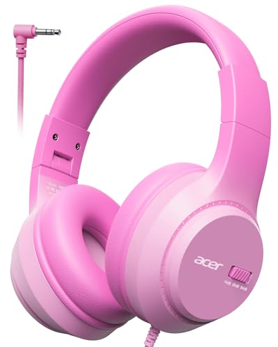 Acer Kids Headphones, 74/85/94dB Volume Limiter, Foldable Wired Over Ear Headphones for Travel, 3.5mm Jack, Toddler Headphones for School, iPad, Chromebook, Tablet, Pink - color: Pink