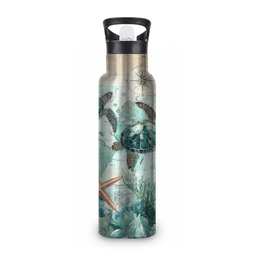 Sea Turtle Insulated Water Bottle,Ocean Coastal Vintage Stainless Steel Water Bottles 20 oz with Straw Lid,Leak Resistant Double Wall Insulated Flask with Handle for Travel Outdoor Gym - color: Sea Turtle,Ocean Coastal Vintage