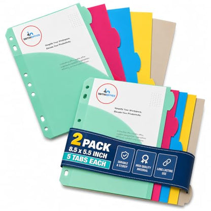 1InTheOffice Mini Binder Divider, Pocket Divider tabs with Pockets, 8.5"x 5.5" 5-Tab Assorted Colors, 2 Pack
