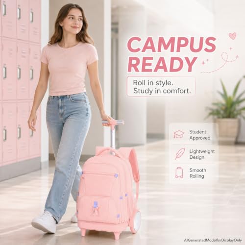 CCJPX 3Pcs Women & Girls Rolling Backpack with Bigger Wheels, Extra-Large Wheeled Bookbag with Lunch Box, Water Resistant Extra-Large Roller Luggage for Travel, Work, College (Pink) - color: Pink(upgrade Large Wheel)
