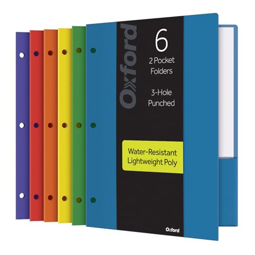 Oxford 2 Pocket Folders, Plastic Portfolio, Folder for School and Office, 2-Pocket Paper Organizer, 3 Hole Punch, Letter Size, Asst. Colors (Blue, Green, Yellow, Orange, Red, Purple), 6 Pack (14187) - size: Letter Size