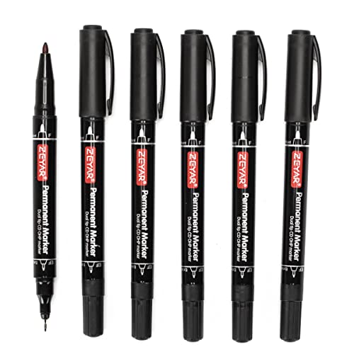 ZEYAR Twin Tip Permanent Markers, CD/DVD Markers, 6 Black Color, Ultra Fine Point and Fine Point for Signature and Marking (6 Black Color) - color: 6 Black Color