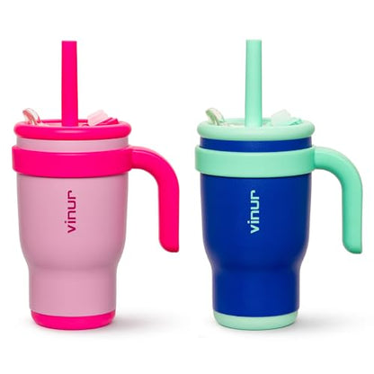 VINUR 14 oz Kids Tumbler with Handle and Straw Lid-2 Pack Stainless Steel Insulated Tumbler Travel Cup with Rubber Base|Drop and Leak Resistant |Cup Holder Friendly (Purple Pink-Navy) - color: Purple Pink-Navy, size: 14 Ounces