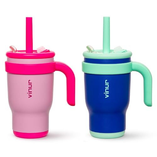 VINUR 14 oz Kids Tumbler with Handle and Straw Lid-2 Pack Stainless Steel Insulated Tumbler Travel Cup with Rubber Base|Drop and Leak Resistant |Cup Holder Friendly (Purple Pink-Navy) - color: Purple Pink-Navy, size: 14 Ounces