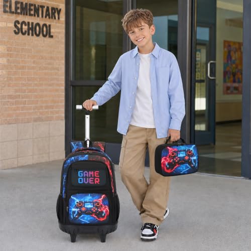 Scothen 3PCS Rolling Backpack for Boys, Cool Gamer Roller Backpack with Wheels, Kids Boy Wheeled Backpacks with Lunch Bag Pencil Case for Teens Bookbag Kindergarten Elementary Middle School - color: Red Blue Lighting