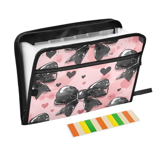 Expanding File Folder Black Bow Heart Pink Accordion File Organizer 13 Pockets Document Organizer with Zipper Labels A4 Letter Office Storage - color: Multi22