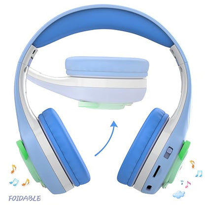 Riwbox CB-7S Kids Wireless Headphones,Gifts Suitable for Kids,74/85/95dB,LED Glow Lights,50H Playtime,Bluetooth V5.3,Built-in Mic, TF Card Slot,for Travel/School/Phone/Laptop(Blue&Grey) - color: Blue&Grey