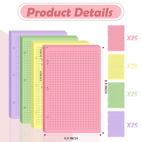 100 sheet Half Letter Graph Paper Refill 3 Hole Punch 5-1/2 x 8-1/2 College Ruled Grid Paper Pad Math Graph Paper Pad Colored Mini Binder Paper Planner Inserts Fits 3 Ring Binders For Office - style: Graph
