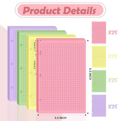 100 sheet Half Letter Graph Paper Refill 3 Hole Punch 5-1/2 x 8-1/2 College Ruled Grid Paper Pad Math Graph Paper Pad Colored Mini Binder Paper Planner Inserts Fits 3 Ring Binders For Office - style: Graph