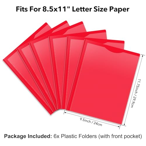 Briartw Heavy Duty Plastic Pocket Folder with Prongs for Letter Size Paper - 6 Pack Red File Folder with Clear Front Pocket - 2 Pockets and 3 Prongs,As Well As 2 Card Slots - Pocket Folders - color: Red