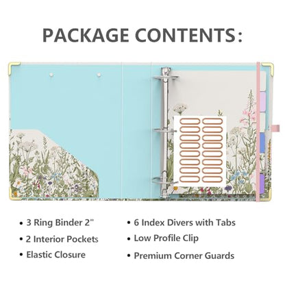 3 Ring Binder 2 Inch, Cute Round Ring Binders with 6 Tab Dividers & Label Stickers, Low Profile Clipboard with Storage, Fashion Aesthetic Binder School Office Supplies (Garden Flowers) - color: Garden Flowers, size: 2" Binder with Dividers