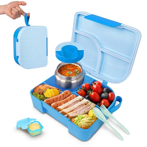 Lunch Box with Thermo Jar, Large-Capacity 3-Compartment Bento Box, Blue | 10% More Capacity for Balanced Portions, Portable Handle for Easy Carry, Dishwasher Safe, Ideal for School & Travel - color: Blue