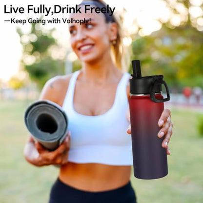 Volhoply 18oz Kids Insulated Water Bottle,Stainless Steel Water Bottles with Straw Lid,Double Wall Vacuum Metal Sports Water Flask,Wide Mouth Reusable Travel Cups For Cold Drink(Red Purple,1 Set) - color: Red Purple