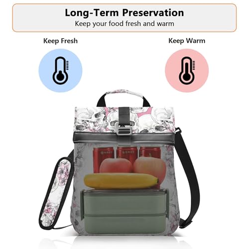MNSRUU Insulated Lunch Bags Women Men, Halloween Skull Flowers and Pink Cherries Portable Reusable Thermal Meal Tote Cooler Bag Organizer, Adjustable Shoulder Strap, Handle - color: Skulls 084