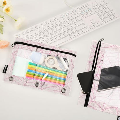 Spider Pink Web Pencil Pouch for 3 Ring Binder Pencils Bags Pencil Case with Zipper Clear Window for School Office 2 Packs - color: Black Spider on Pink Web