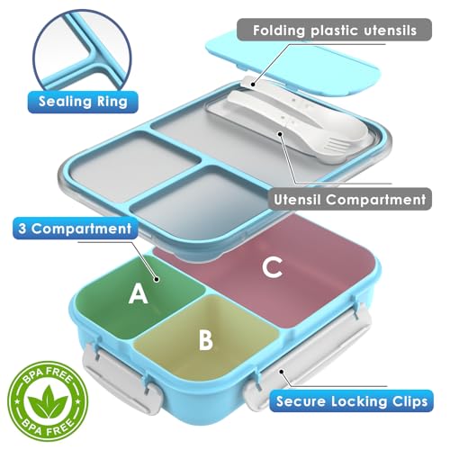 WHALEHOUSE Large Capacity Bento Box for Adult, 1700ML 3 Compartments Lunch Box with Utensil, Airtight Food Container with Lids for Meal Prep, Microwave/Dishwasher/Freezer Safe, On the Go (Blue) - color: 1700mL-Blue