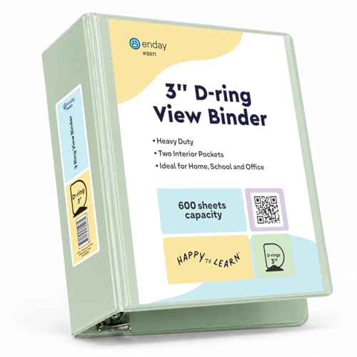Enday 3 Inch Binder, Green - 3 Inch 3 Ring Binder, D-Ring Pastel with Clear View Cover for Letter Size 8.5 x 11'' Paper & 2 Inside Pockets, Ideal for School Supplies, Office, and Home- - color: Green, size: 3-Inch