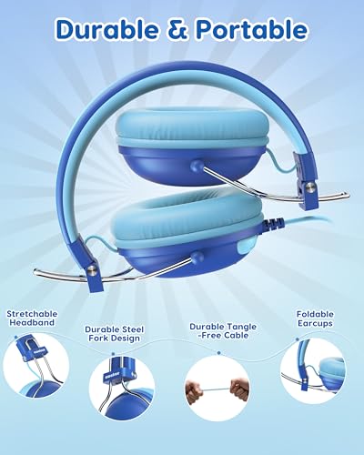awatrue Kids Headphones, 74/85dB Safe Volume Limit, Stereo Sound, Wired On-Ear Headphones for Kids Boys Girls, 3.5mm Jack for Tablet, iPad, Kindle, YOTO Player, Airplane Travel, Blue - color: Blue