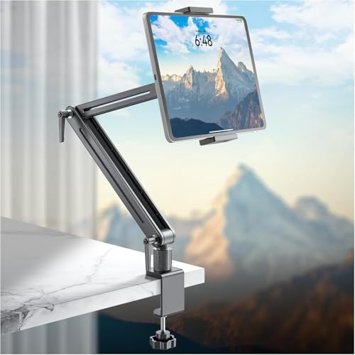 Jakeko Adjustable Tablet Mount for Desk - 360 Degree Rotating Base Tall Arm Holder Stand Swivel Flexible Clamp Soporte para Tablet/Portable Monitor/Ebook - size: up to 15.6"