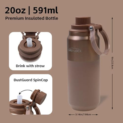 Greylock 20 oz Insulated Water Bottle with Straw Lid, Reusable Stainless Steel Sports Water Bottles with Foldable Handle, Leak Proof, Double-Wall Vacuum Insulation, 24 Hours Cold (Sunset Bronze) - color: Sunset Bronze, size: 20 Ounces