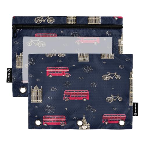 Pencil Pouch for 3 Ring Binder London City Theme Binder Pencil Case with Smooth Zipper Clear Window Pencil Case 2 Pack for Office School College Supplies - color: London City Theme