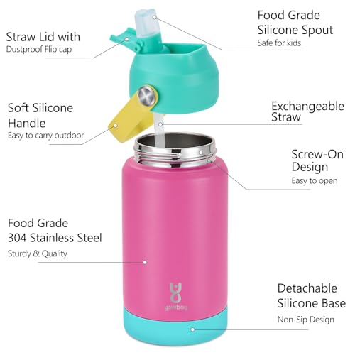 Kids Insulated Water Bottle with Straw Lid & Silicone Handle,12oz Kids Leak Proof Water Bottle for School Boys Girls,Double Wall Vacuum Stainless Steel with Non-slip Silicone Base(Rose Pink) - color: Rose Pink, size: 12 Ounces