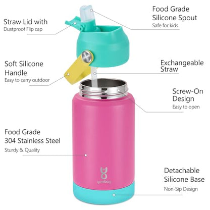 Kids Insulated Water Bottle with Straw Lid & Silicone Handle,12oz Kids Leak Proof Water Bottle for School Boys Girls,Double Wall Vacuum Stainless Steel with Non-slip Silicone Base(Rose Pink) - color: Rose Pink, size: 12 Ounces
