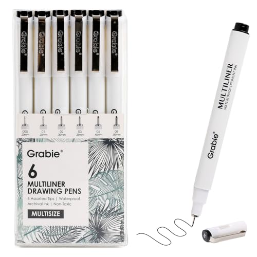 Grabie Micro Fineliner Pens, 6 Black Fine Line Waterproof Drawing Pens, Assorted Point Sizes for Sketching, Illustration, Journaling, Art Supplies - color: 6-Black