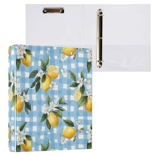 Light Blue Checkered Floral Lemon Binder 3 Ring 1.5 Inch Binder with Clipboard&Pockets, Hardcover Binders Heavy Duty Large File Folder for Office School Supplies - Holds 200 Sheets - color: Blue Plaid Floral Lemon, size: 1 Pack-12.4x10.63in
