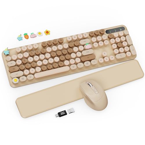 Wireless Keyboard and Mouse Combo - Cute Typewriter Keyboard with Detachable Wrist Rest, Retro Round Keycaps, Foldable Legs, 2.4GHz Full-Size Keyboard for PC, Laptop, Mac, Windows - Trueque (Latte) - color: Latte