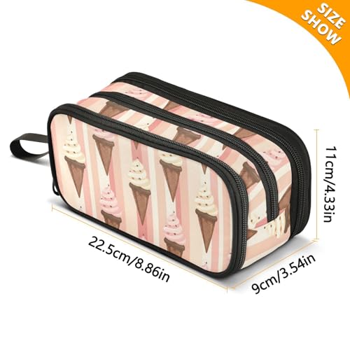 ALAZA Striped Pink Ice Cream Large Pencil Case, Pen Pouch Pencil Bag with 3 Compartments Pen Holder Organizer Stationery Bag - color: Ice Cream