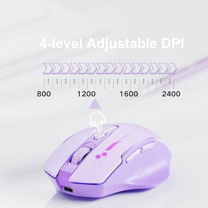 Uineer Wireless Bluetooth Mouse,[Upgraded] Rechargeable Computer Mice (BT 5.0/4.0+2.4G Hz) with Visible Battery Level, 4 Adiustable DPl, Portable PC Mouse for MacBook Chromebook,Purple - color: purple