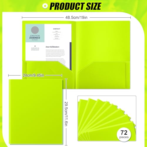 Gueevin 72 Pack Plastic Folder with Pockets, 2 Pocket Folders, Plastic Glossy Folders Fit Letter Size Paper, Heavy Duty Durable File Folder with Business Card for Home Office School (Lime Green) - color: Lime Green