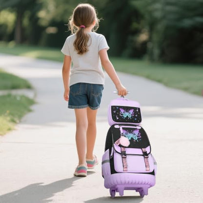 Bevalsa Rolling Backpack for Girls, 3PCS Roller School Backpack Set | with Lunch Box & Pencil Case, Kids Bookbag with Wheels for Teen Girls Elementary Middle High School Students - color: Purple Butterfly
