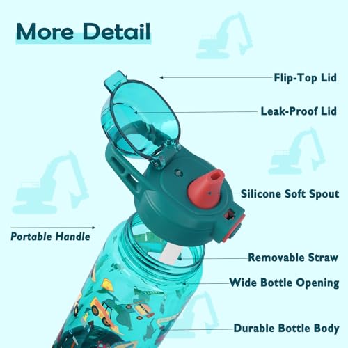 20oz Kids Water Bottle For School or Travel, Leak-Proof & Dishwasher, Durable Plastic Sport Water Bottle With Straw and Handle, Truck - color: Green truck