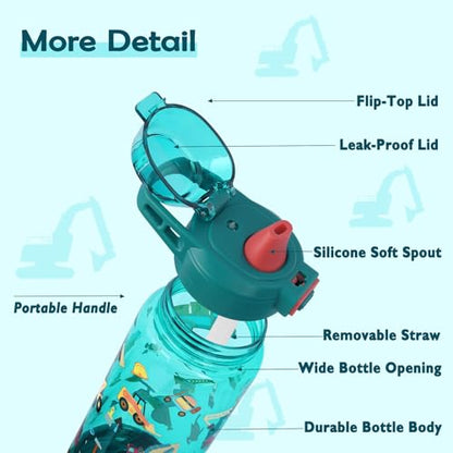 20oz Kids Water Bottle For School or Travel, Leak-Proof & Dishwasher, Durable Plastic Sport Water Bottle With Straw and Handle, Truck - color: Green truck